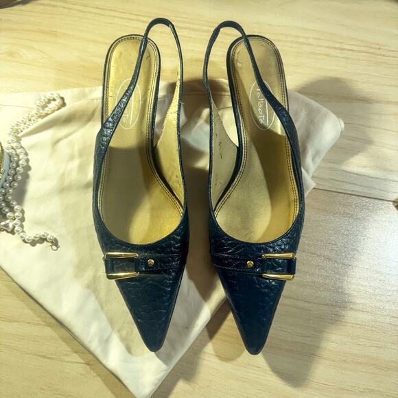 Talbots Croc Embossed Leather Slingback Heels 7.5 N Navy Black Kitten Heel - Picture 1 of 8